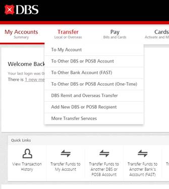 DBS online banking - select 'To Other DBS or POSB Account' menu