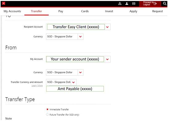 DBS online banking - create the transfer instruction